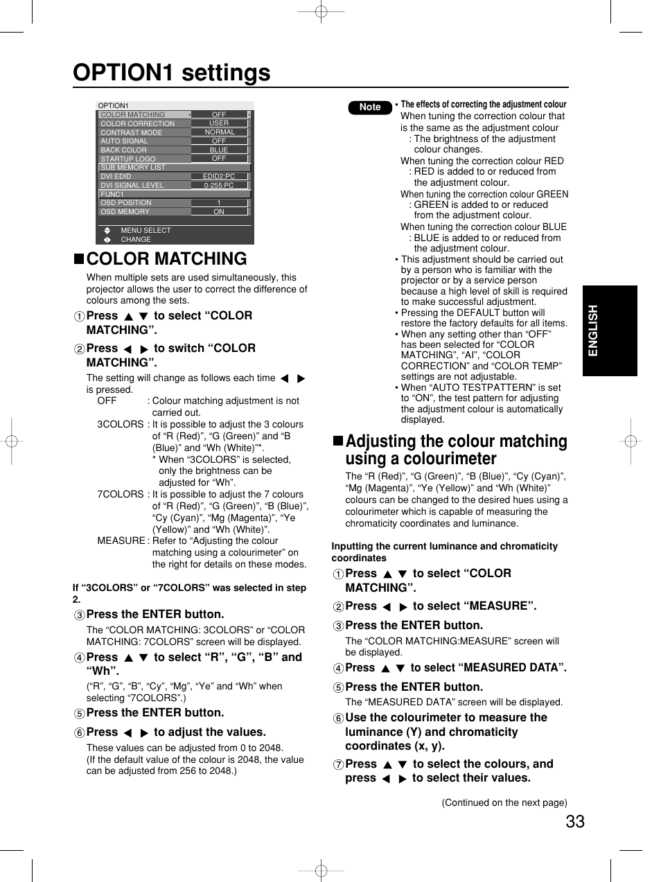 Option1 settings, Color matching, Adjusting the colour matching using a colourimeter | Panasonic PT-DW5100E User Manual | Page 33 / 64