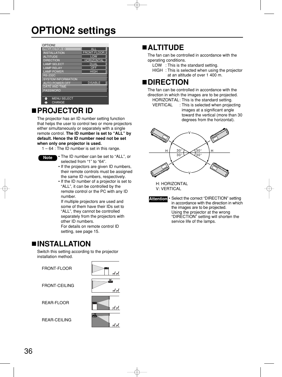 Option2 settings, Projector id, Installation | Altitude, Direction | Panasonic PT-DW5100E User Manual | Page 36 / 64