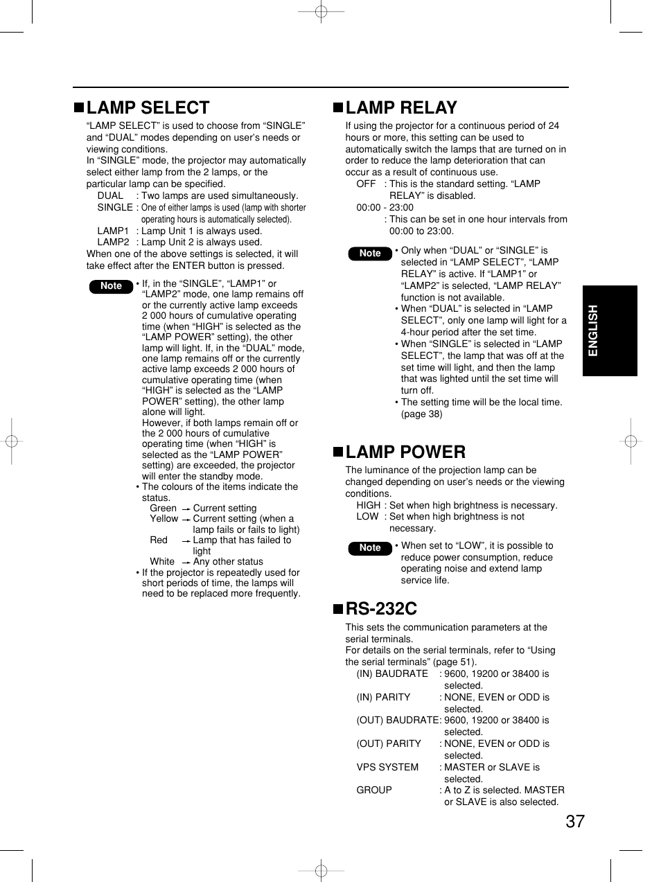 Lamp select, Lamp relay, Lamp power | Rs-232c | Panasonic PT-DW5100E User Manual | Page 37 / 64