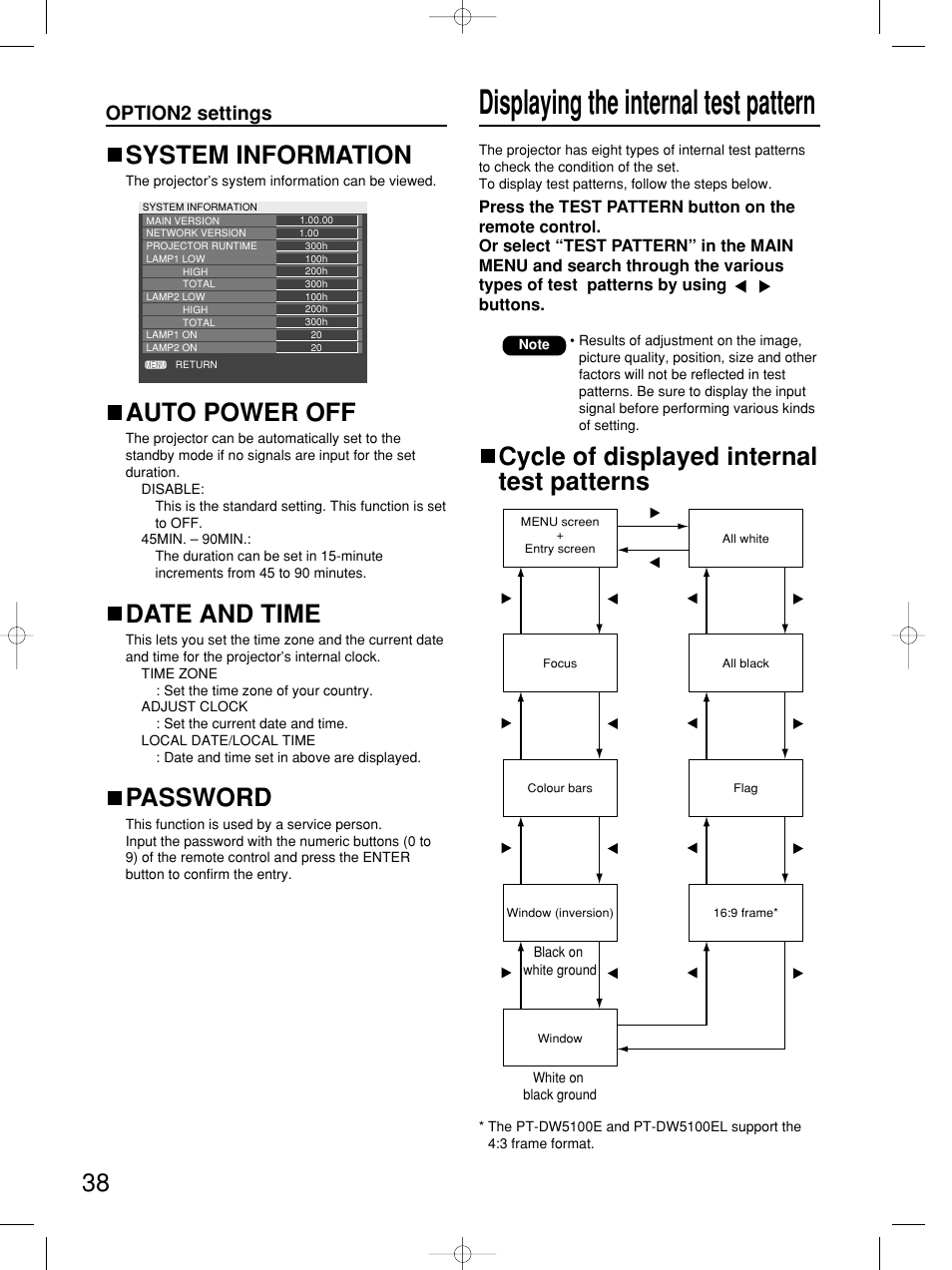 Displaying the internal test pattern, System information, Auto power off | Date and time, Password, Cycle of displayed internal test patterns, Option2 settings | Panasonic PT-DW5100E User Manual | Page 38 / 64