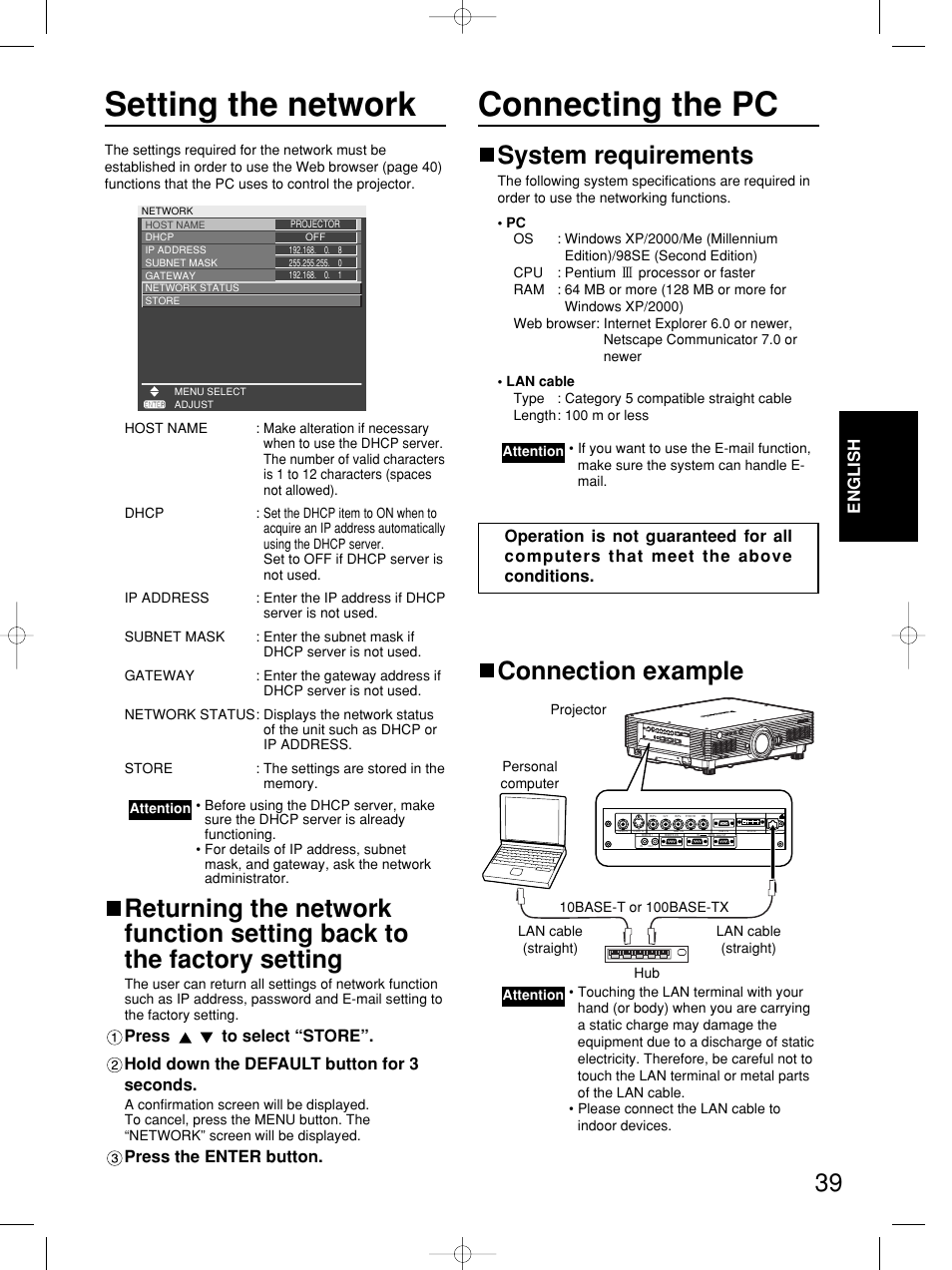 Setting the network connecting the pc, System requirements, Connection example | English, Press the enter button | Panasonic PT-DW5100E User Manual | Page 39 / 64