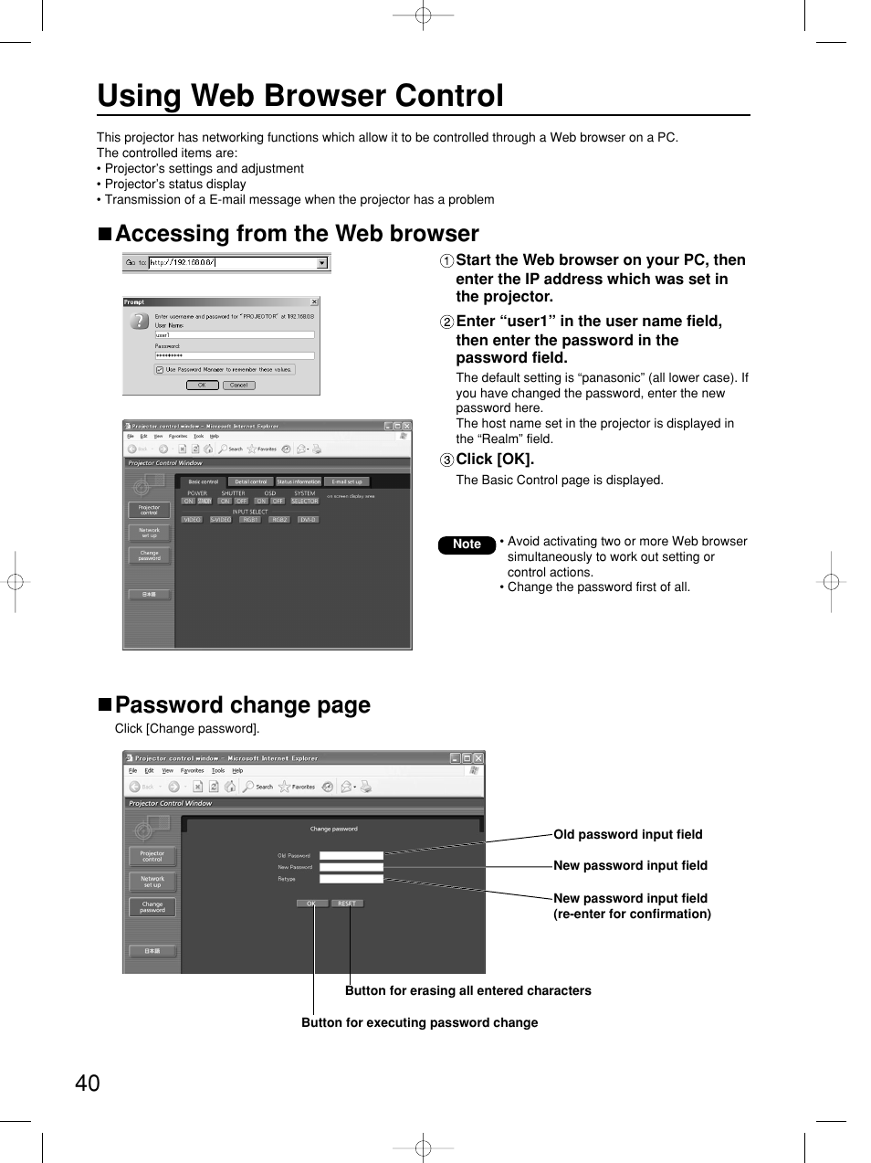 Using web browser control, Accessing from the web browser, Password change page | Panasonic PT-DW5100E User Manual | Page 40 / 64
