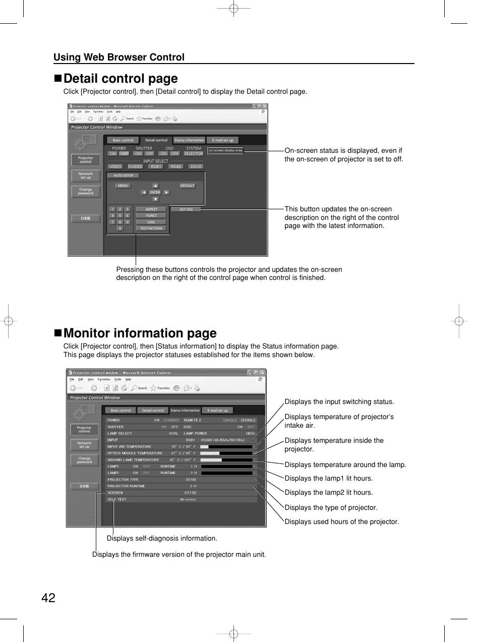 Detail control page, Monitor information page | Panasonic PT-DW5100E User Manual | Page 42 / 64