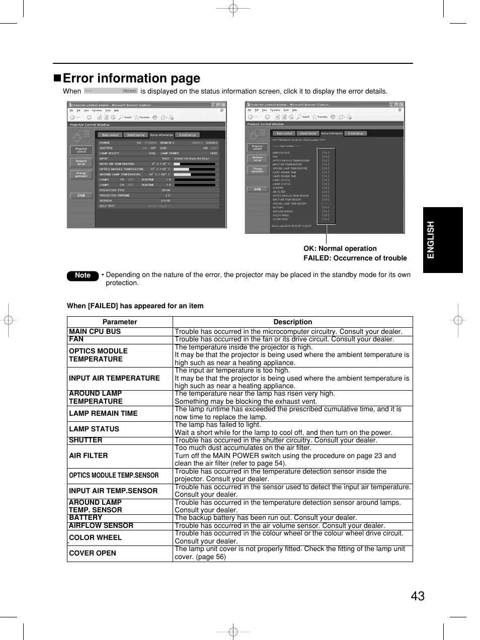 Error information page | Panasonic PT-DW5100E User Manual | Page 43 / 64