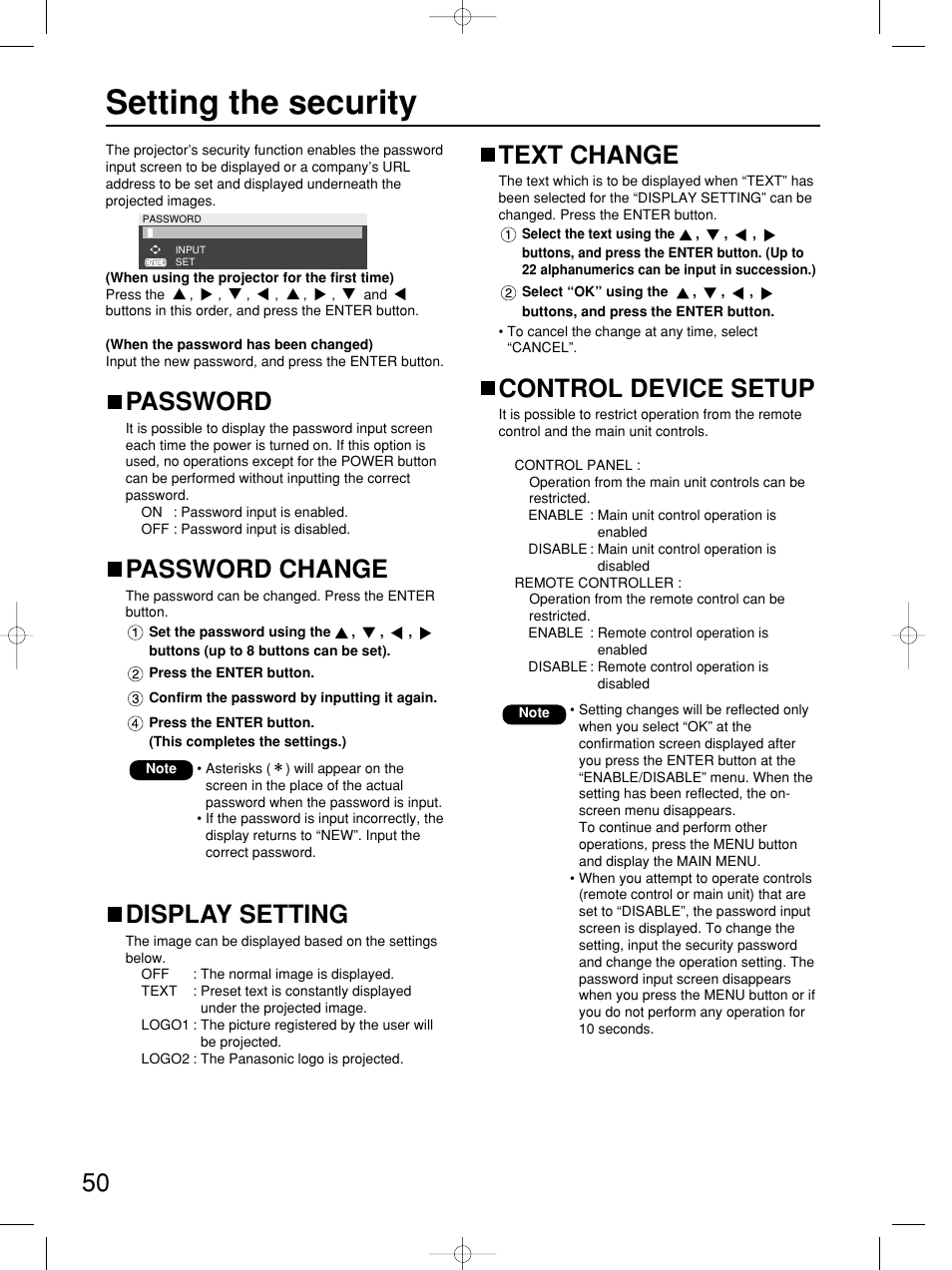 Setting the security, Password, Password change | Display setting, Text change, Control device setup | Panasonic PT-DW5100E User Manual | Page 50 / 64