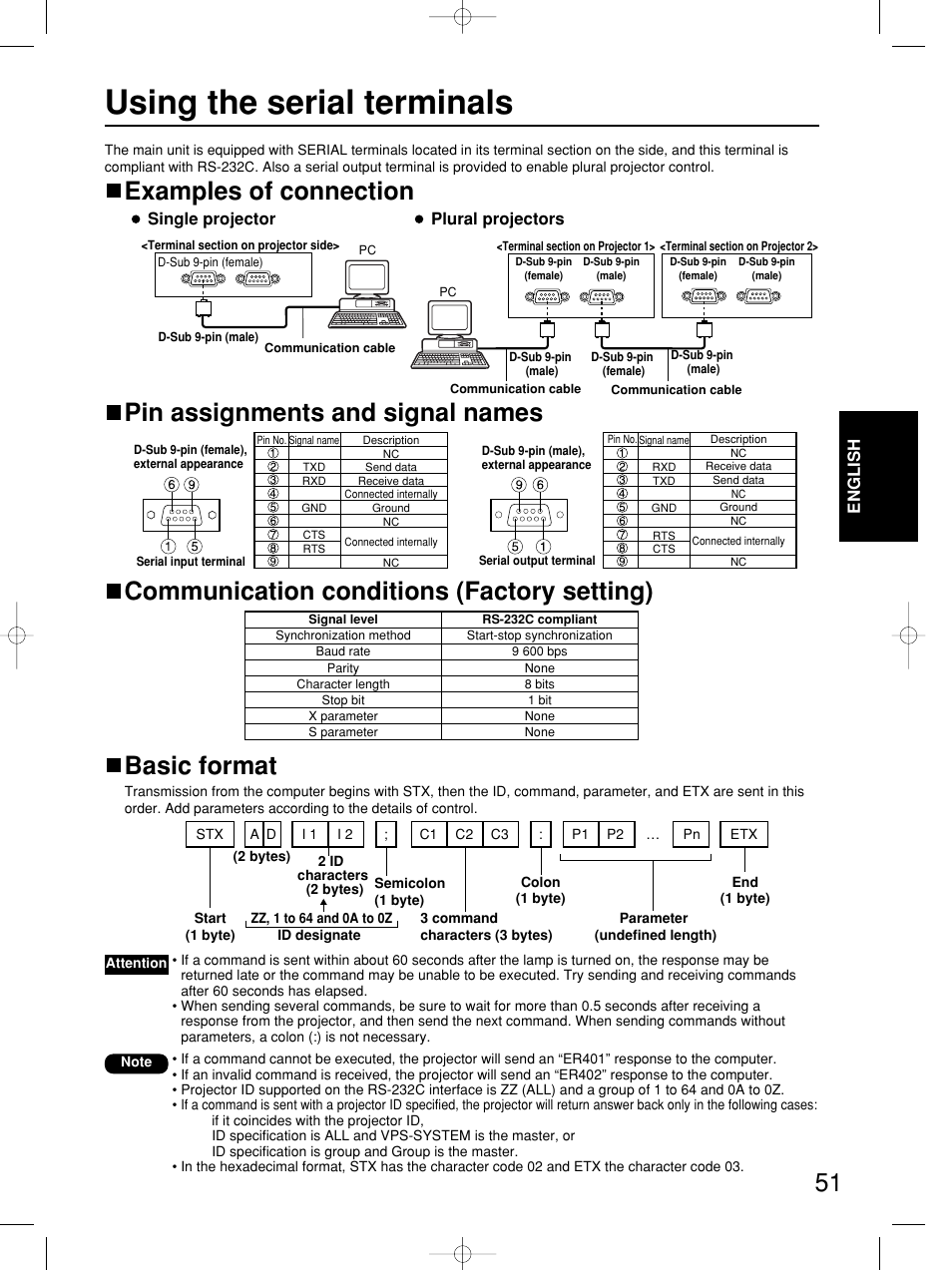 Using the serial terminals, Examples of connection | Panasonic PT-DW5100E User Manual | Page 51 / 64