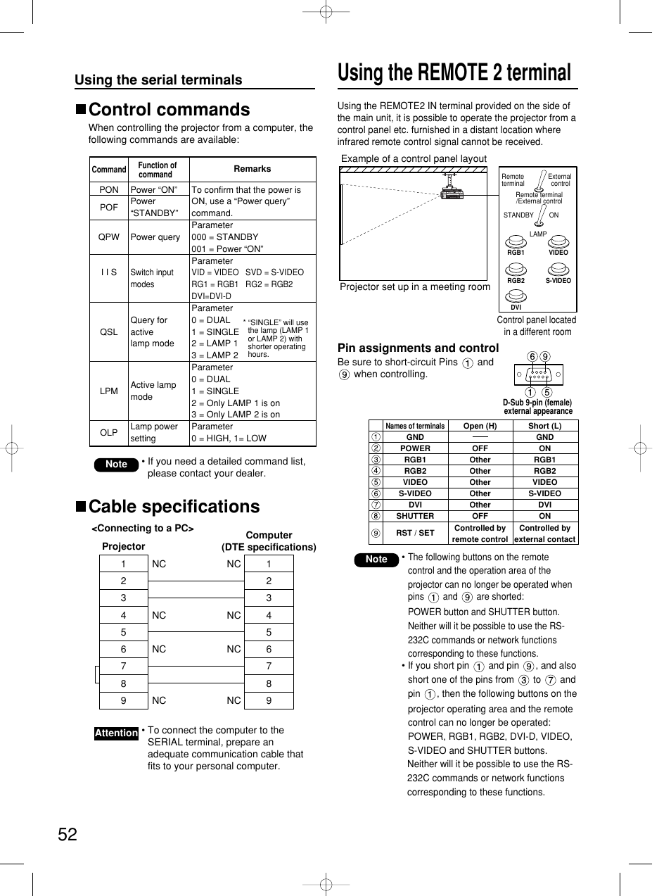 Using the remote 2 terminal, Cable specifications control commands, Using the serial terminals | Panasonic PT-DW5100E User Manual | Page 52 / 64