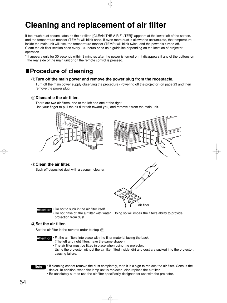 Cleaning and replacement of air filter, Procedure of cleaning | Panasonic PT-DW5100E User Manual | Page 54 / 64