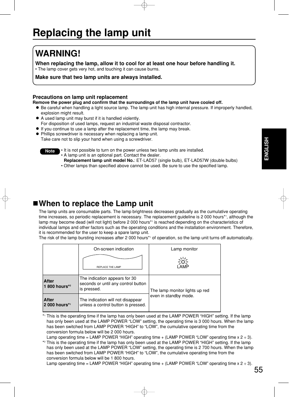 Replacing the lamp unit, Warning, When to replace the lamp unit | Panasonic PT-DW5100E User Manual | Page 55 / 64