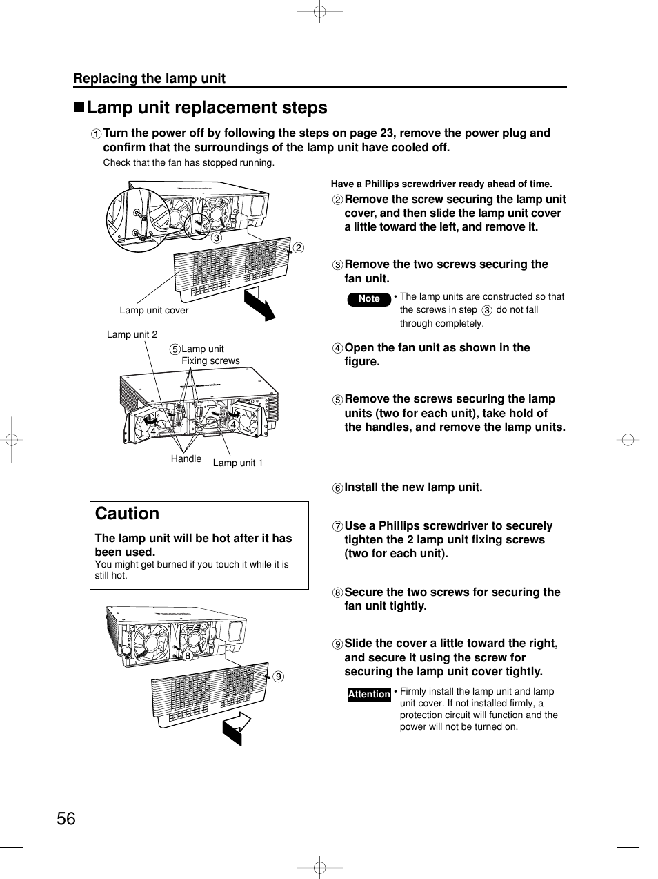 Lamp unit replacement steps, Caution | Panasonic PT-DW5100E User Manual | Page 56 / 64
