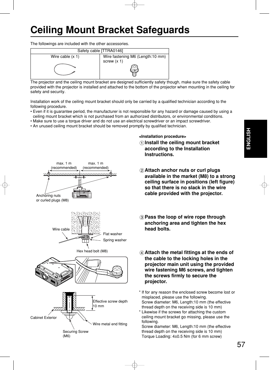 Ceiling mount bracket safeguards | Panasonic PT-DW5100E User Manual | Page 57 / 64