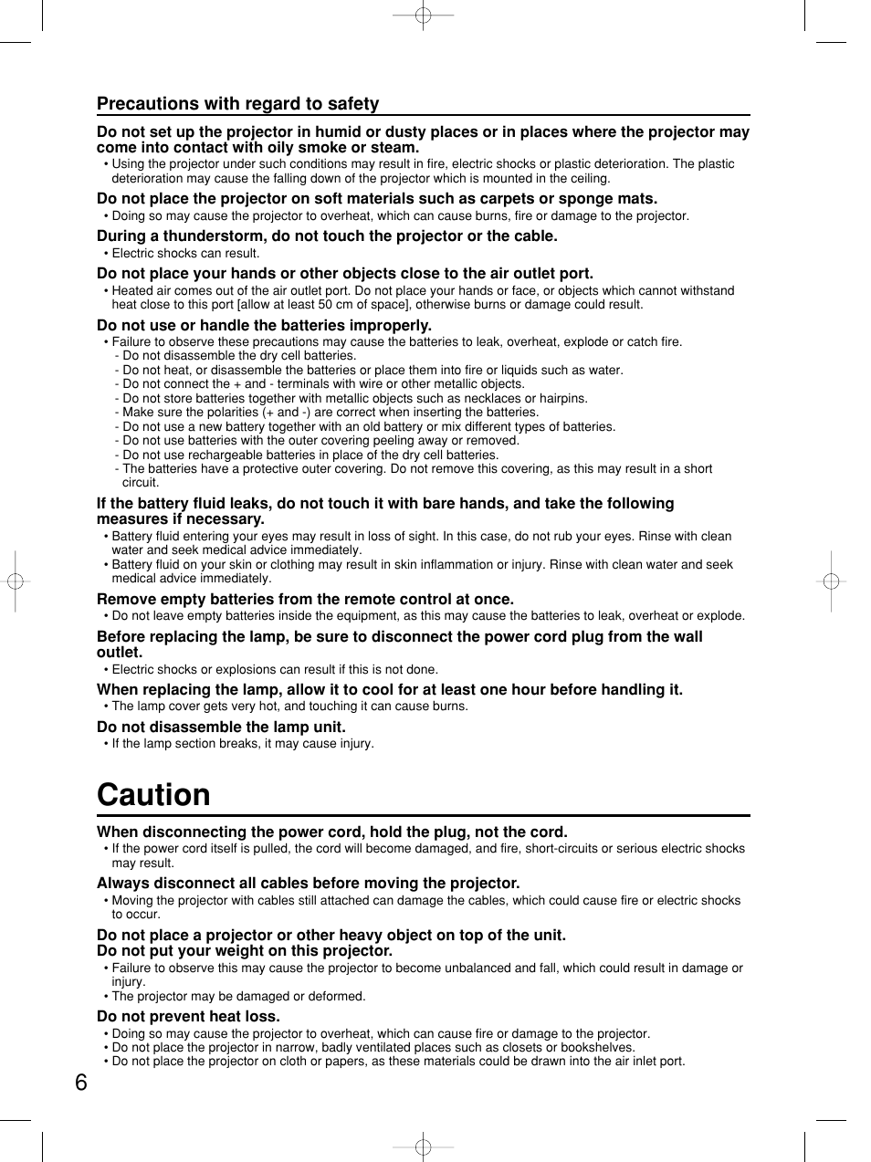 Caution, Precautions with regard to safety | Panasonic PT-DW5100E User Manual | Page 6 / 64