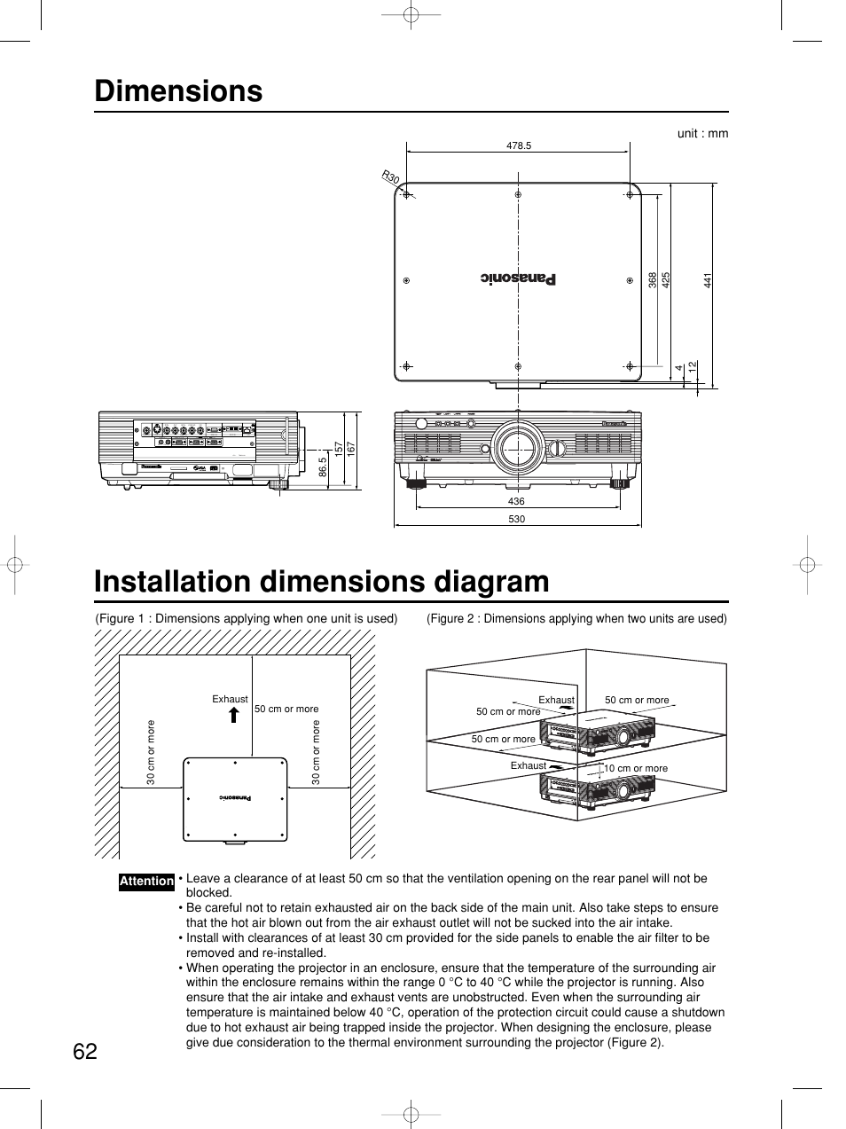 Dimensions, Installation dimensions diagram, Pc< tbmu448 | Unit : mm | Panasonic PT-DW5100E User Manual | Page 62 / 64