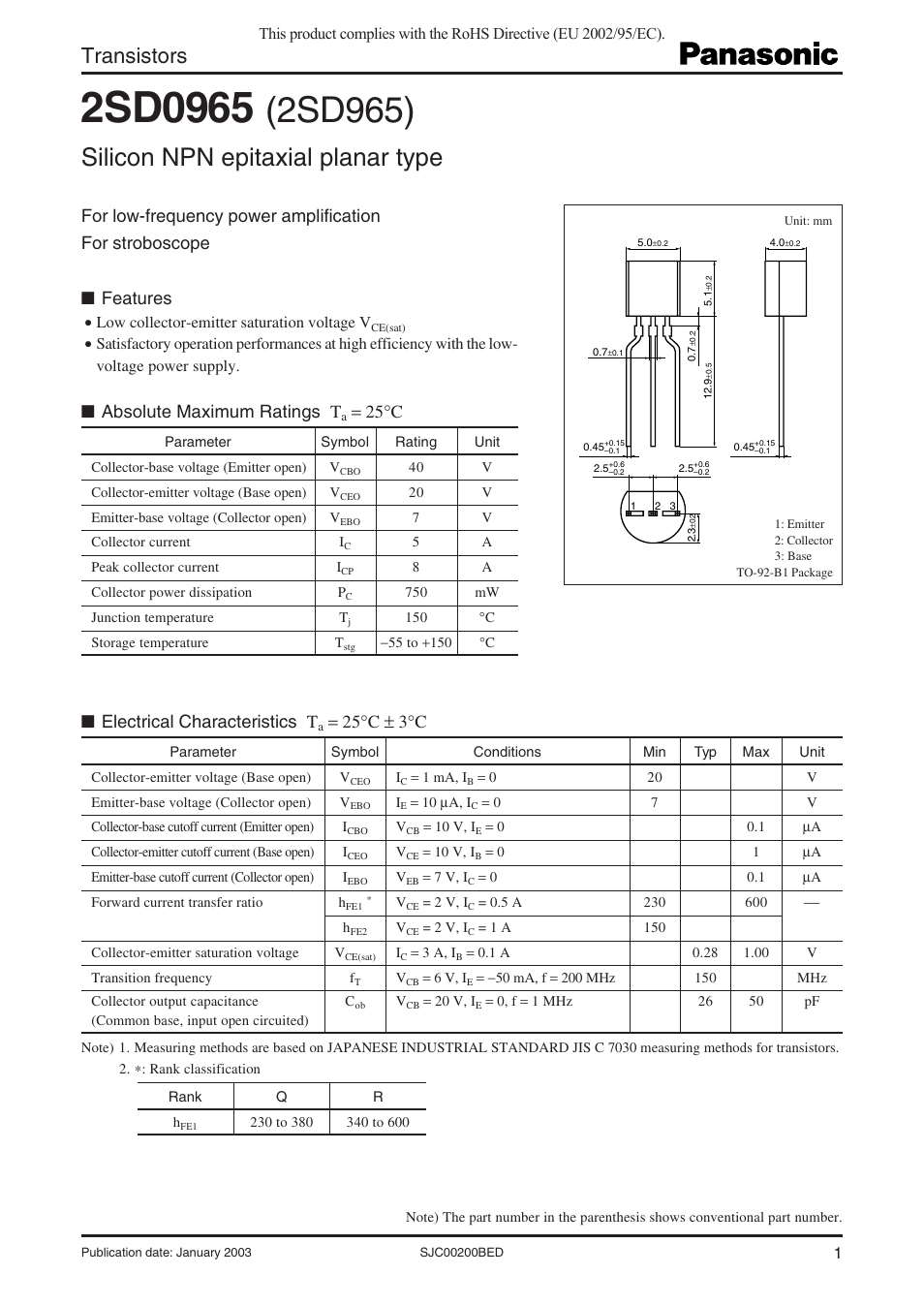 Panasonic 2SD0965 User Manual | 3 pages