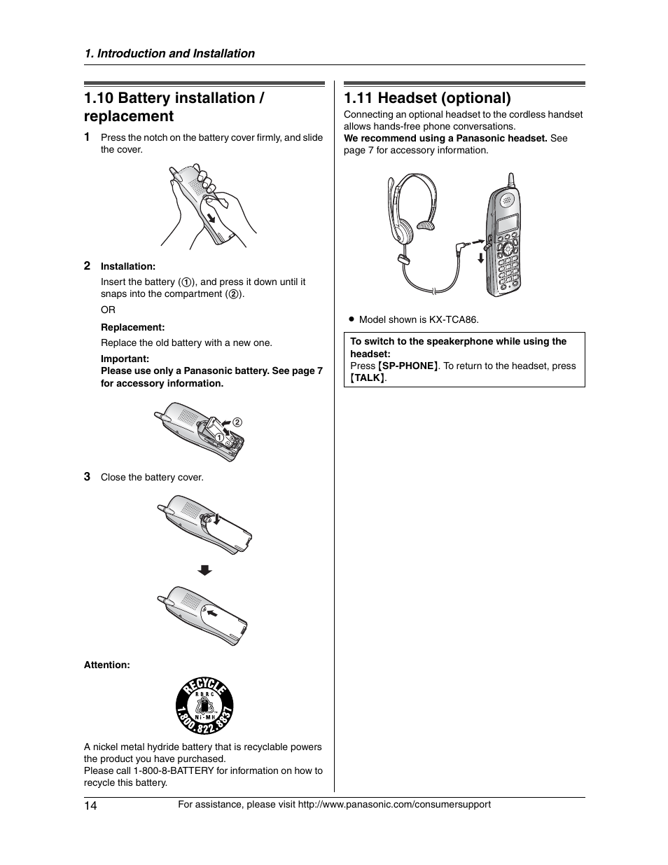 10 battery installation / replacement, 11 headset (optional) | Panasonic KX-FG2451 User Manual | Page 14 / 76