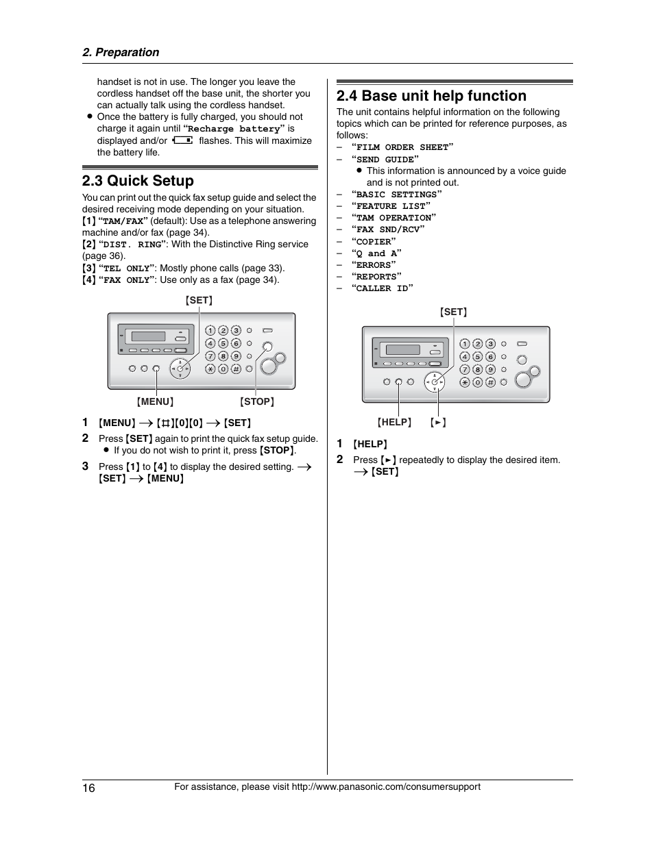 3 quick setup, 4 base unit help function | Panasonic KX-FG2451 User Manual | Page 16 / 76