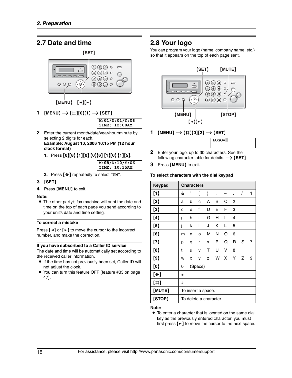 7 date and time, 8 your logo | Panasonic KX-FG2451 User Manual | Page 18 / 76