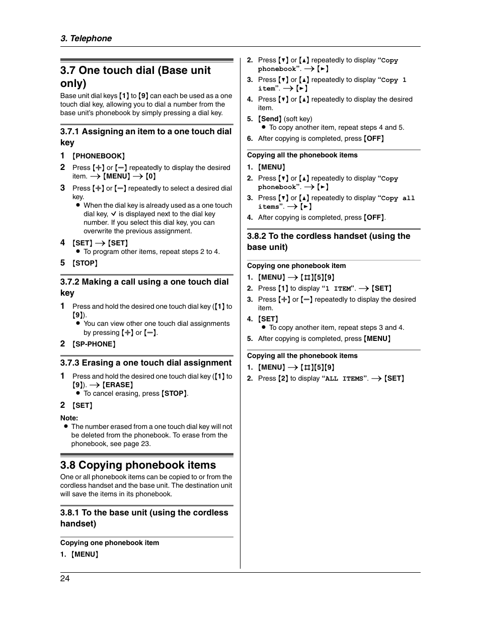 7 one touch dial (base unit only), 8 copying phonebook items | Panasonic KX-FG2451 User Manual | Page 24 / 76