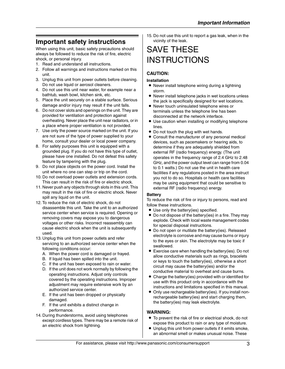 Save these instructions, Important safety instructions | Panasonic KX-FG2451 User Manual | Page 3 / 76