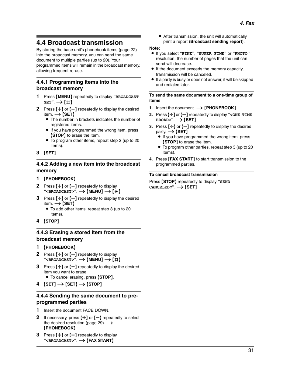 4 broadcast transmission | Panasonic KX-FG2451 User Manual | Page 31 / 76