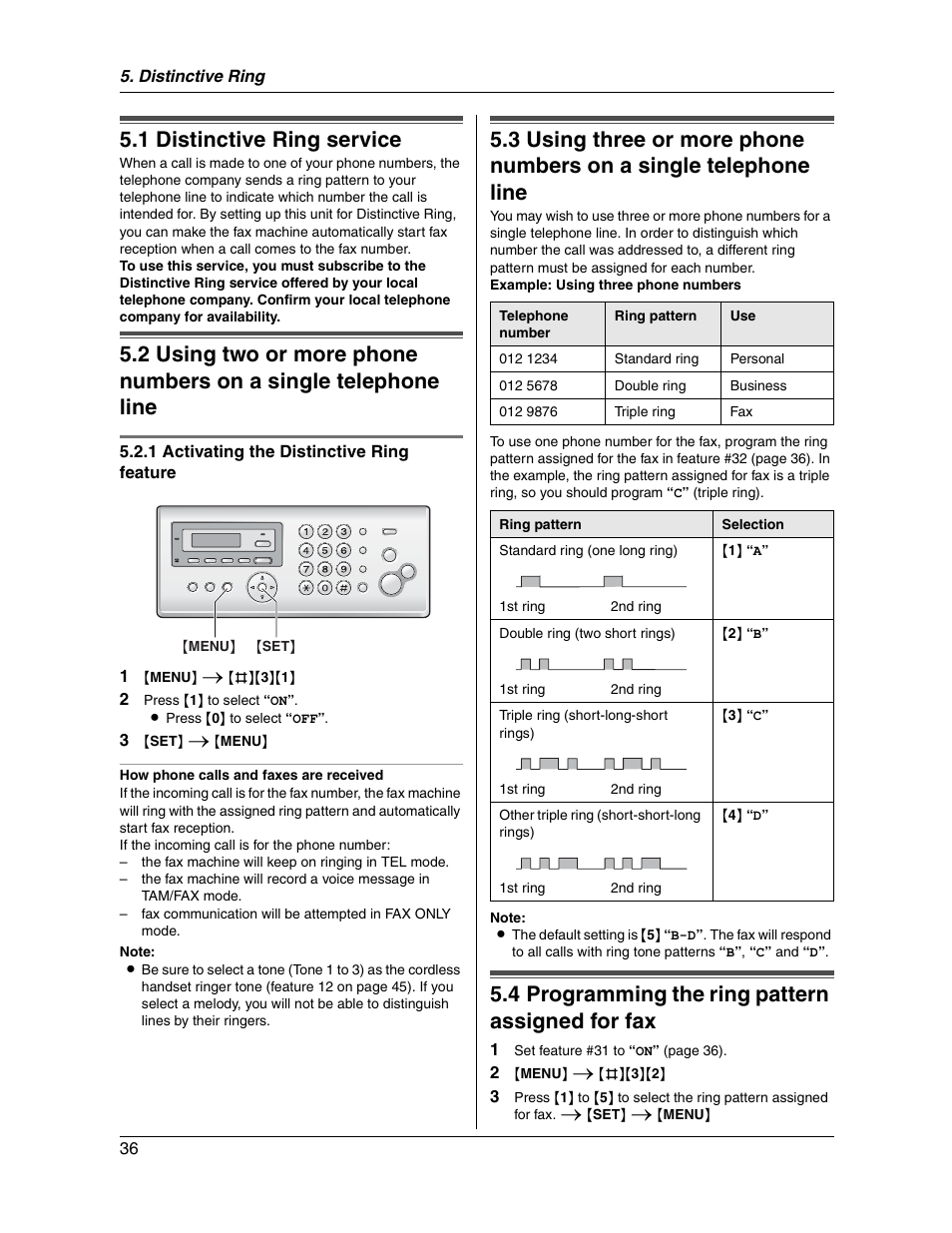 1 distinctive ring service, 4 programming the ring pattern assigned for fax | Panasonic KX-FG2451 User Manual | Page 36 / 76