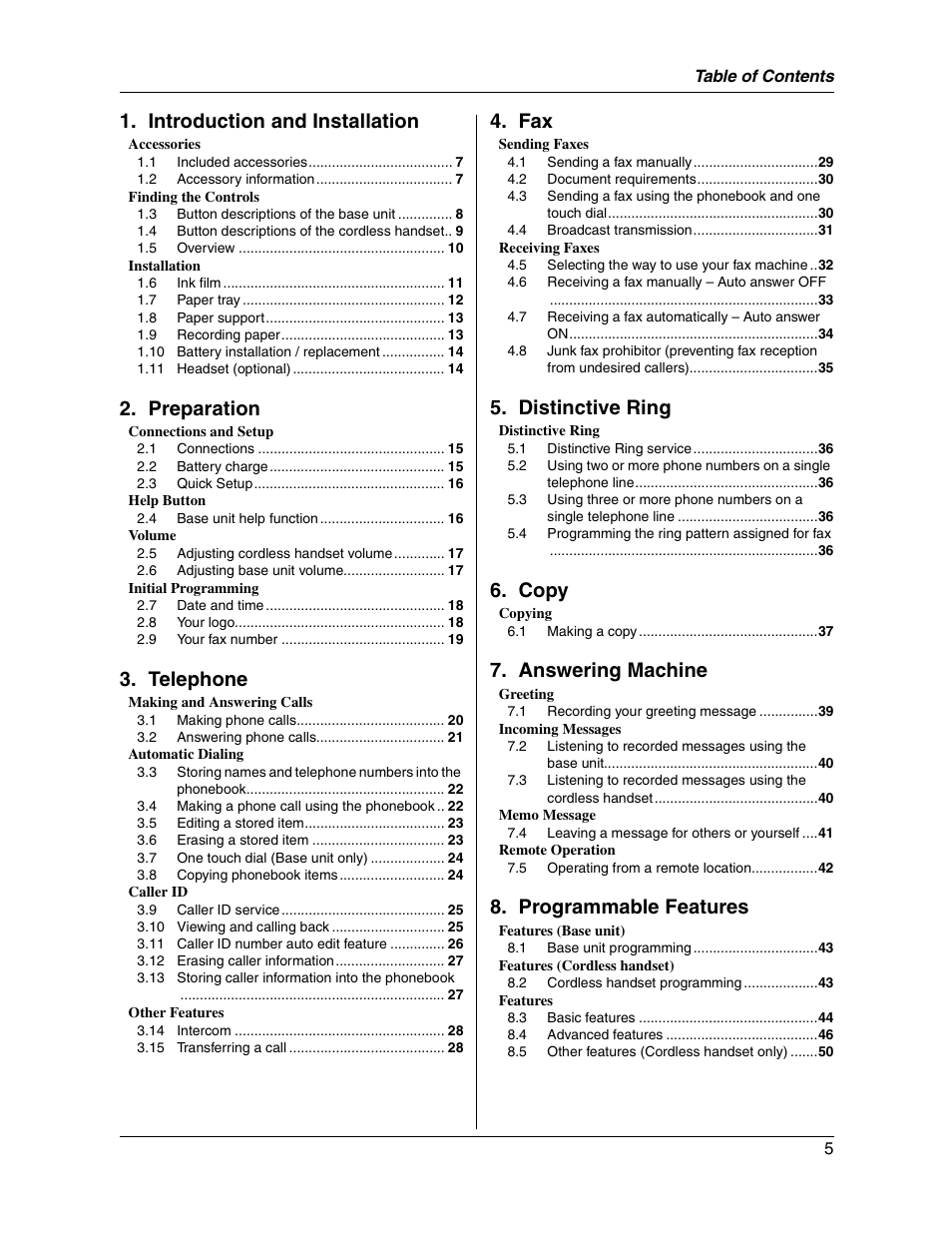 Introduction and installation, Preparation, Telephone | Distinctive ring, Copy, Answering machine, Programmable features | Panasonic KX-FG2451 User Manual | Page 5 / 76