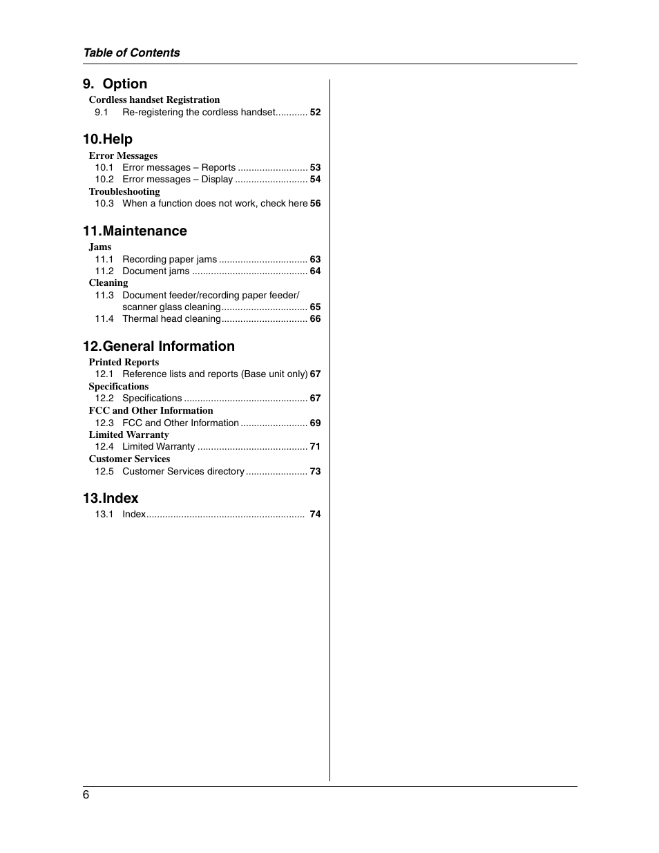 Option, Help, Maintenance | General information, Index | Panasonic KX-FG2451 User Manual | Page 6 / 76