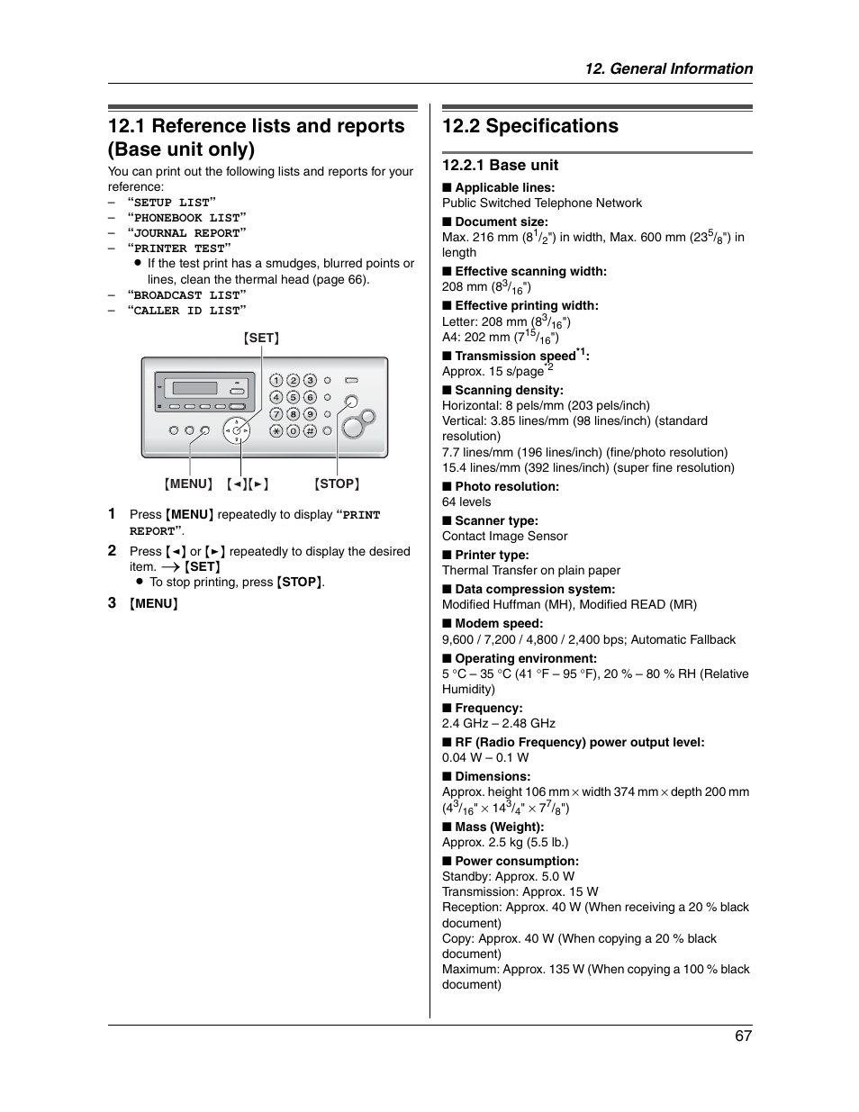 1 reference lists and reports (base unit only), 2 specifications, General information 67 | 1 base unit | Panasonic KX-FG2451 User Manual | Page 67 / 76