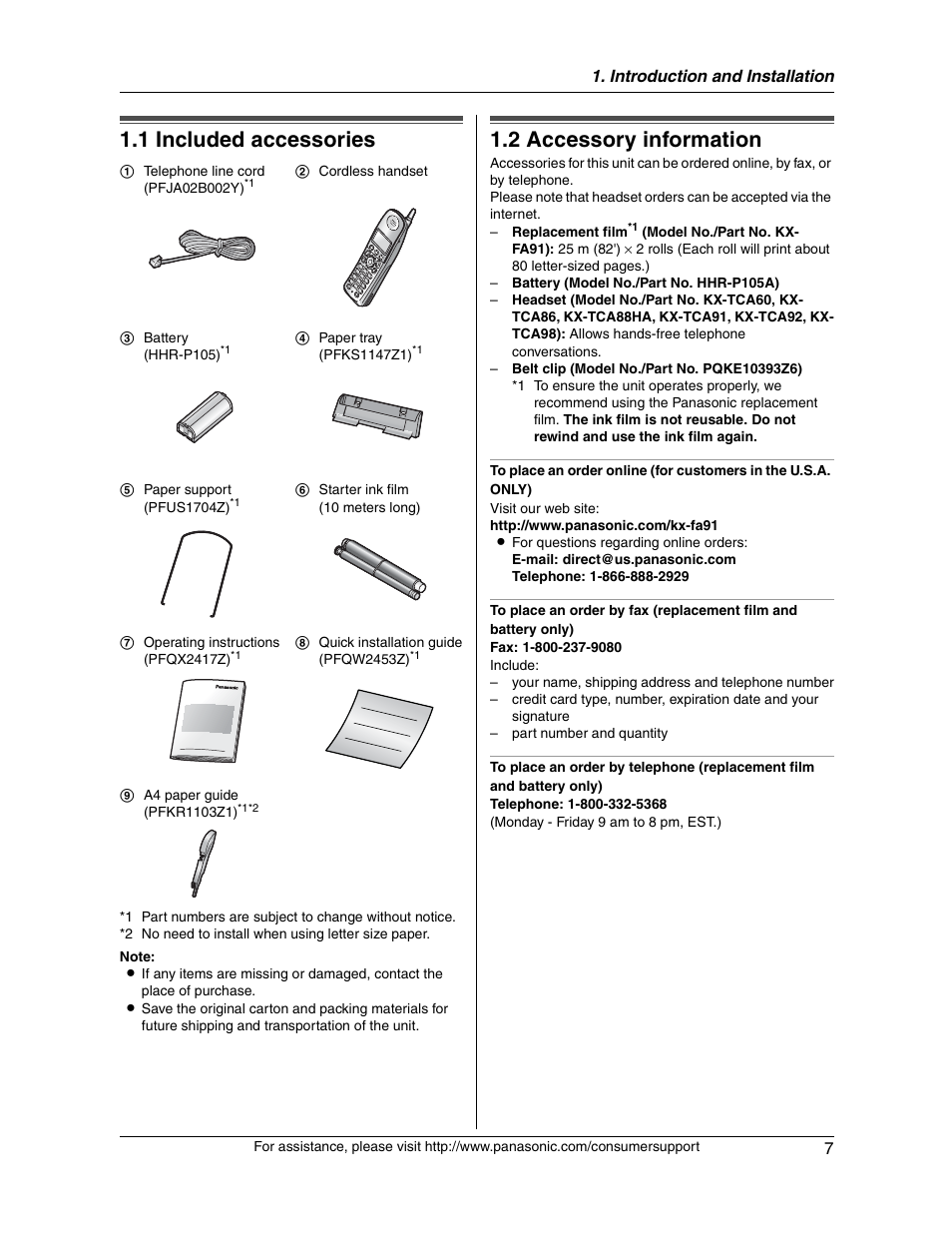 1 included accessories, 2 accessory information, Introduction and installation 7 | Panasonic KX-FG2451 User Manual | Page 7 / 76