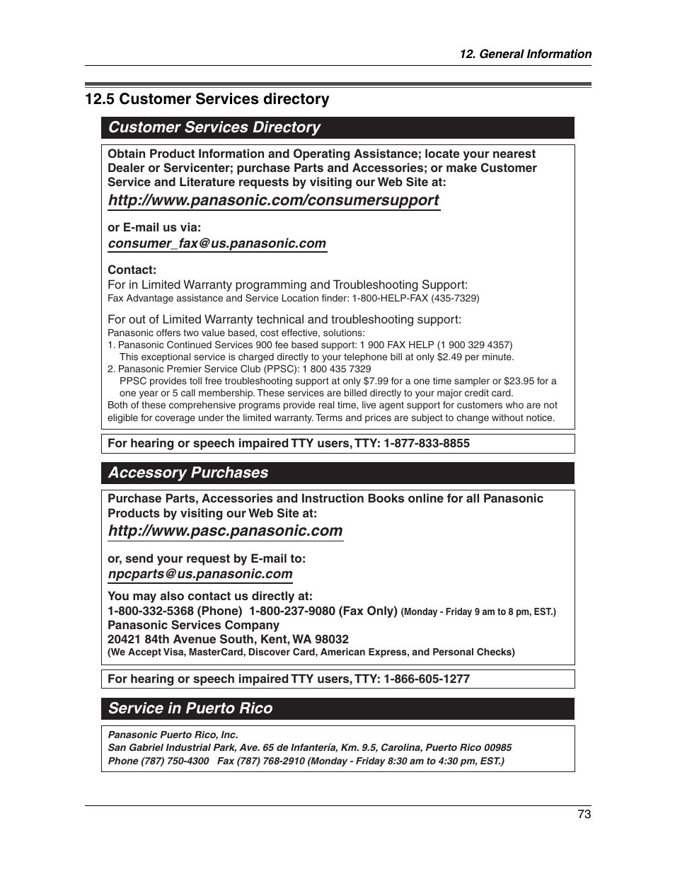 Accessory purchases service in puerto rico | Panasonic KX-FG2451 User Manual | Page 73 / 76