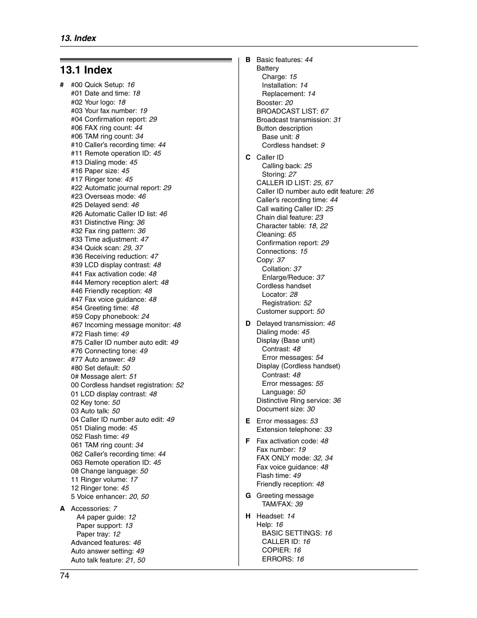 1 index | Panasonic KX-FG2451 User Manual | Page 74 / 76