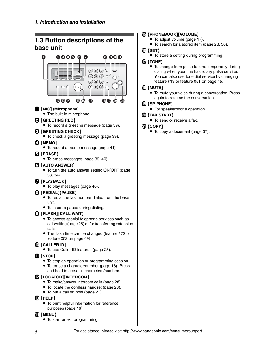 3 button descriptions of the base unit | Panasonic KX-FG2451 User Manual | Page 8 / 76