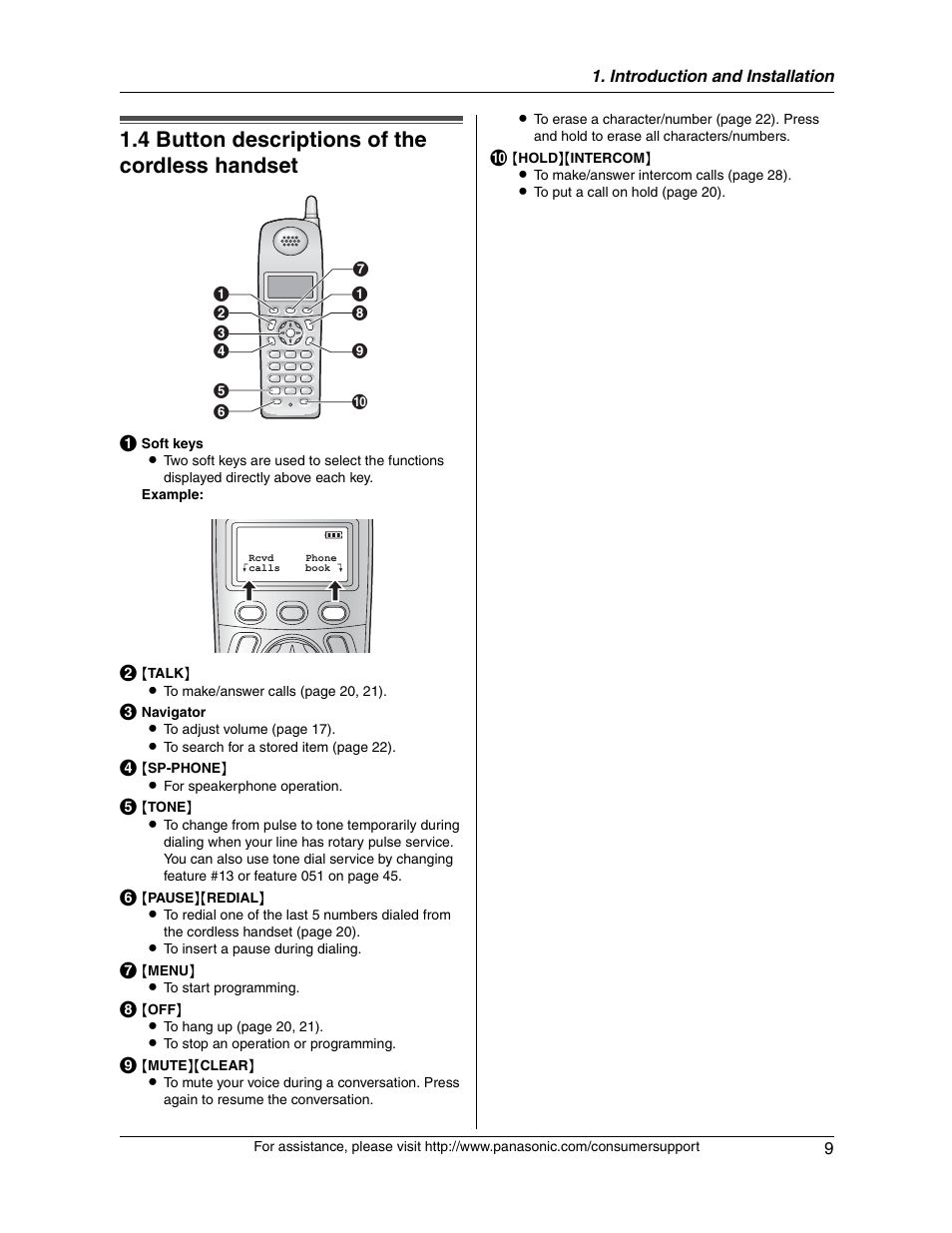4 button descriptions of the cordless handset | Panasonic KX-FG2451 User Manual | Page 9 / 76