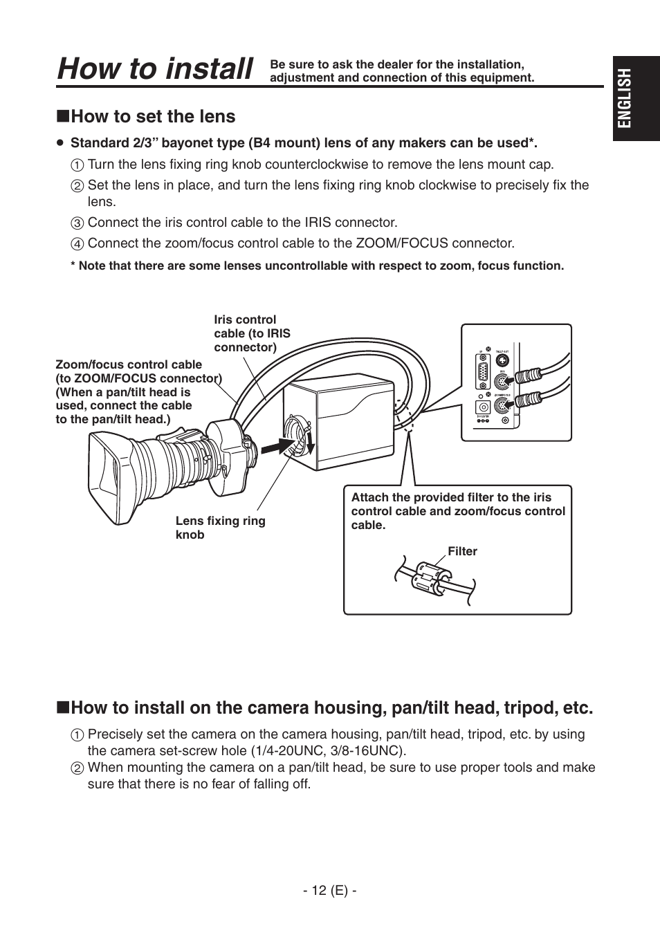 Ak-hc1500goperators manual 13.pdf, How to install, How to set the lens | English | Panasonic AK-HC1500G User Manual | Page 13 / 52