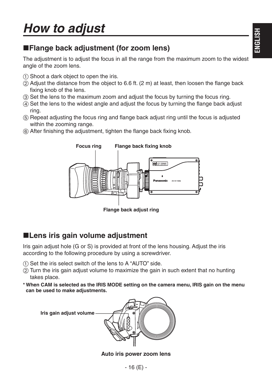 Ak-hc1500goperators manual 17.pdf, How to adjust, Flange back adjustment (for zoom lens) | Lens iris gain volume adjustment, English | Panasonic AK-HC1500G User Manual | Page 17 / 52