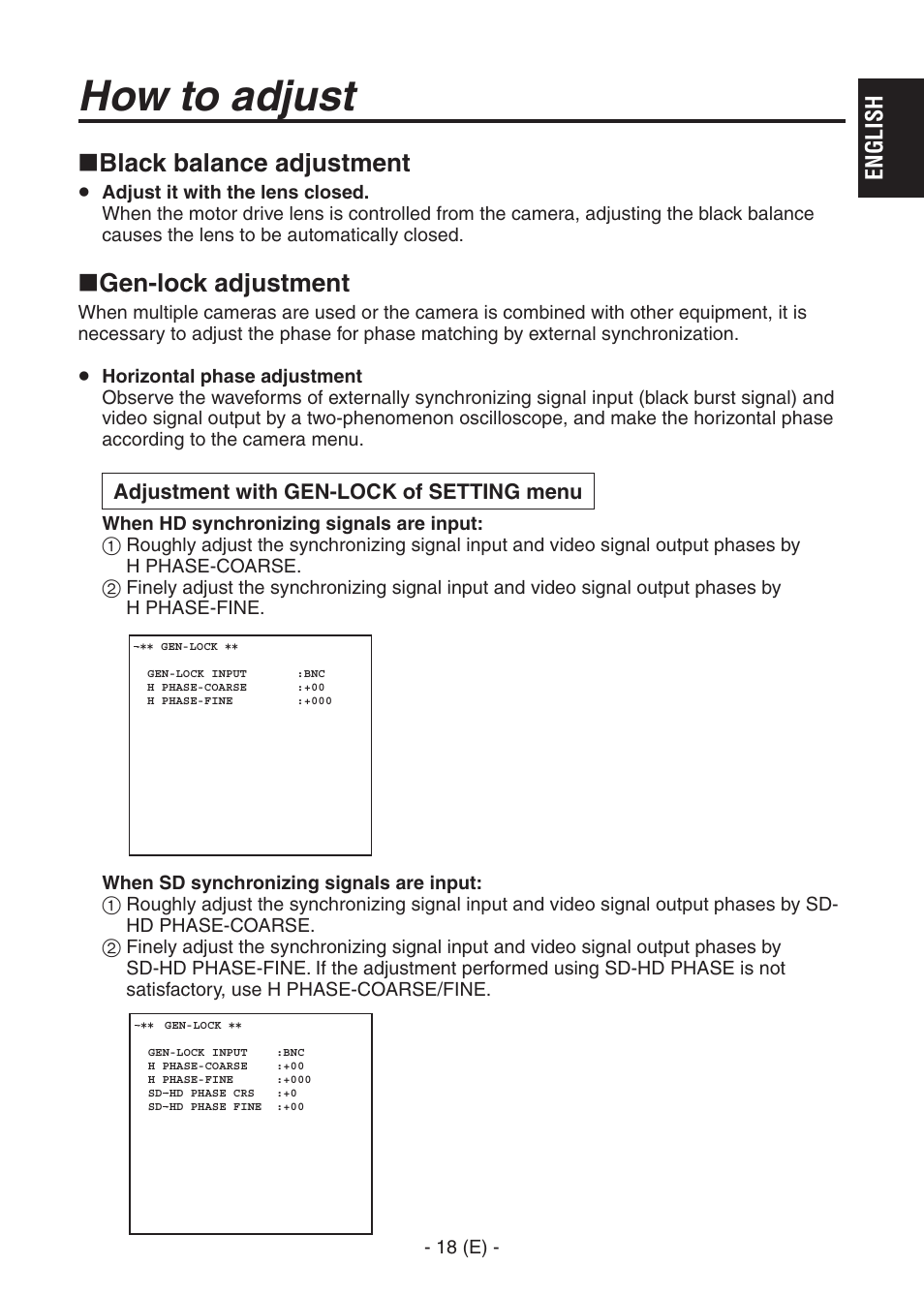 Ak-hc1500goperators manual 19.pdf, How to adjust, Black balance adjustment | Gen-lock adjustment, English | Panasonic AK-HC1500G User Manual | Page 19 / 52
