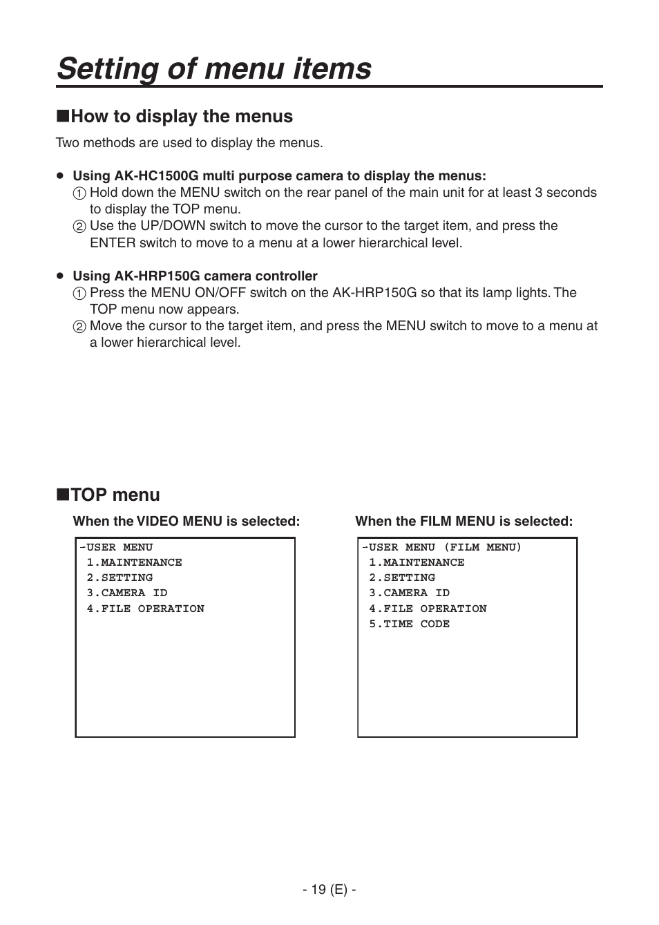 Ak-hc1500goperators manual 20.pdf, Setting of menu items, How to display the menus | Top menu | Panasonic AK-HC1500G User Manual | Page 20 / 52