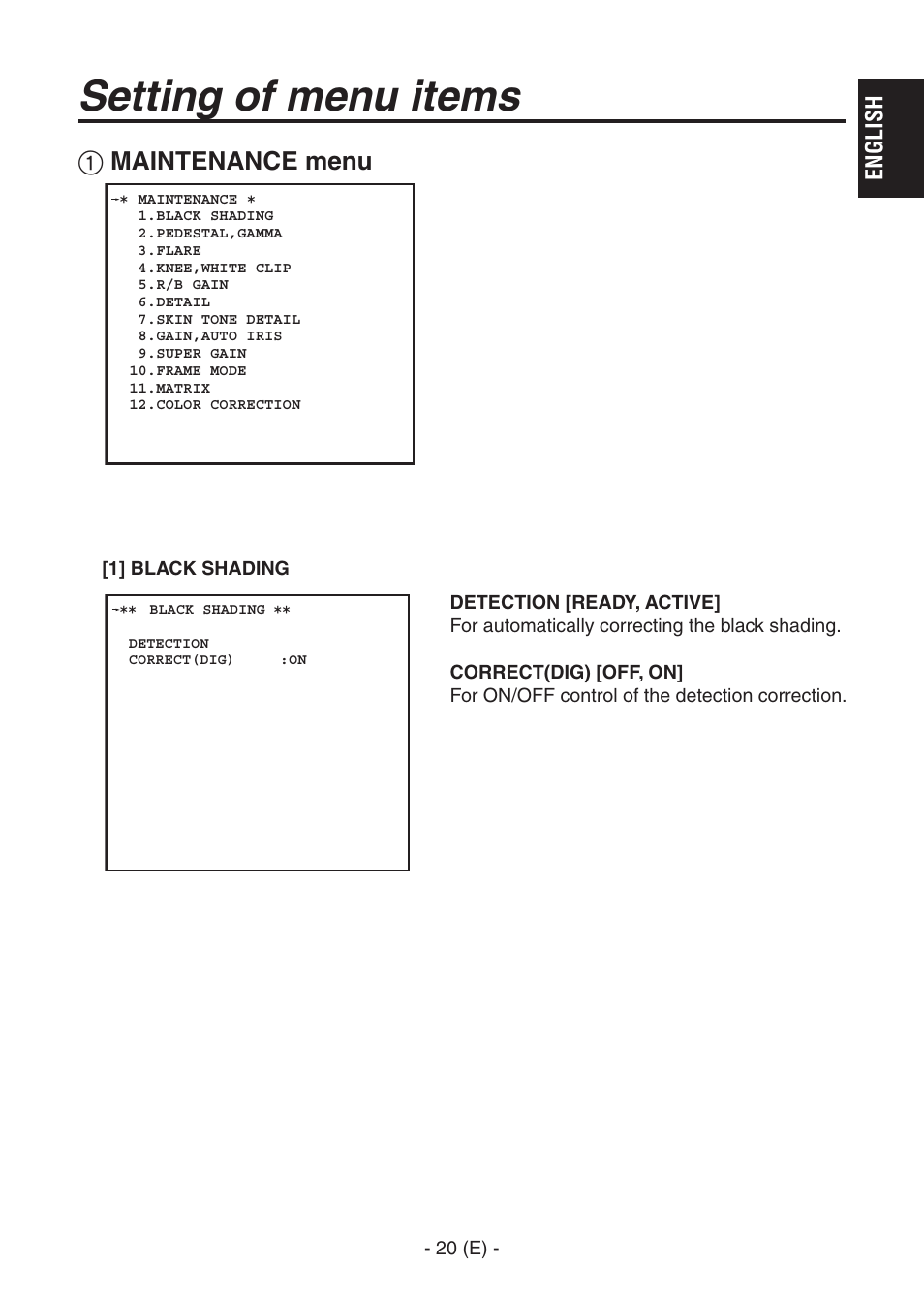 Ak-hc1500goperators manual 21.pdf, Setting of menu items, Maintenance menu | Panasonic AK-HC1500G User Manual | Page 21 / 52