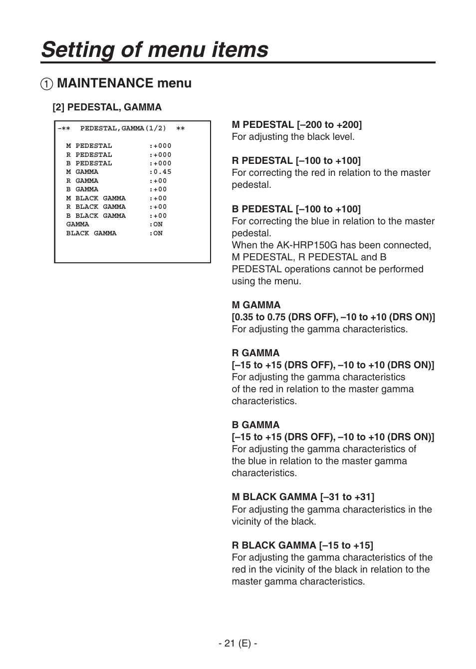 Ak-hc1500goperators manual 22.pdf, Setting of menu items, Maintenance menu | Panasonic AK-HC1500G User Manual | Page 22 / 52