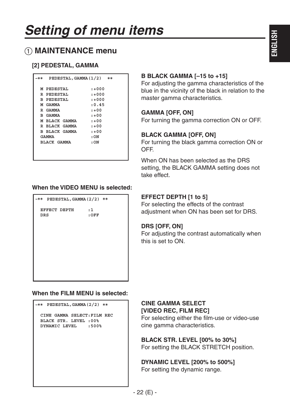 Ak-hc1500goperators manual 23.pdf, Setting of menu items, Maintenance menu | English | Panasonic AK-HC1500G User Manual | Page 23 / 52