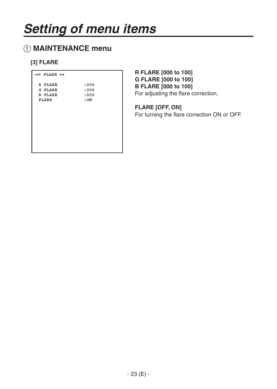 Ak-hc1500goperators manual 24.pdf, Setting of menu items, Maintenance menu | Panasonic AK-HC1500G User Manual | Page 24 / 52