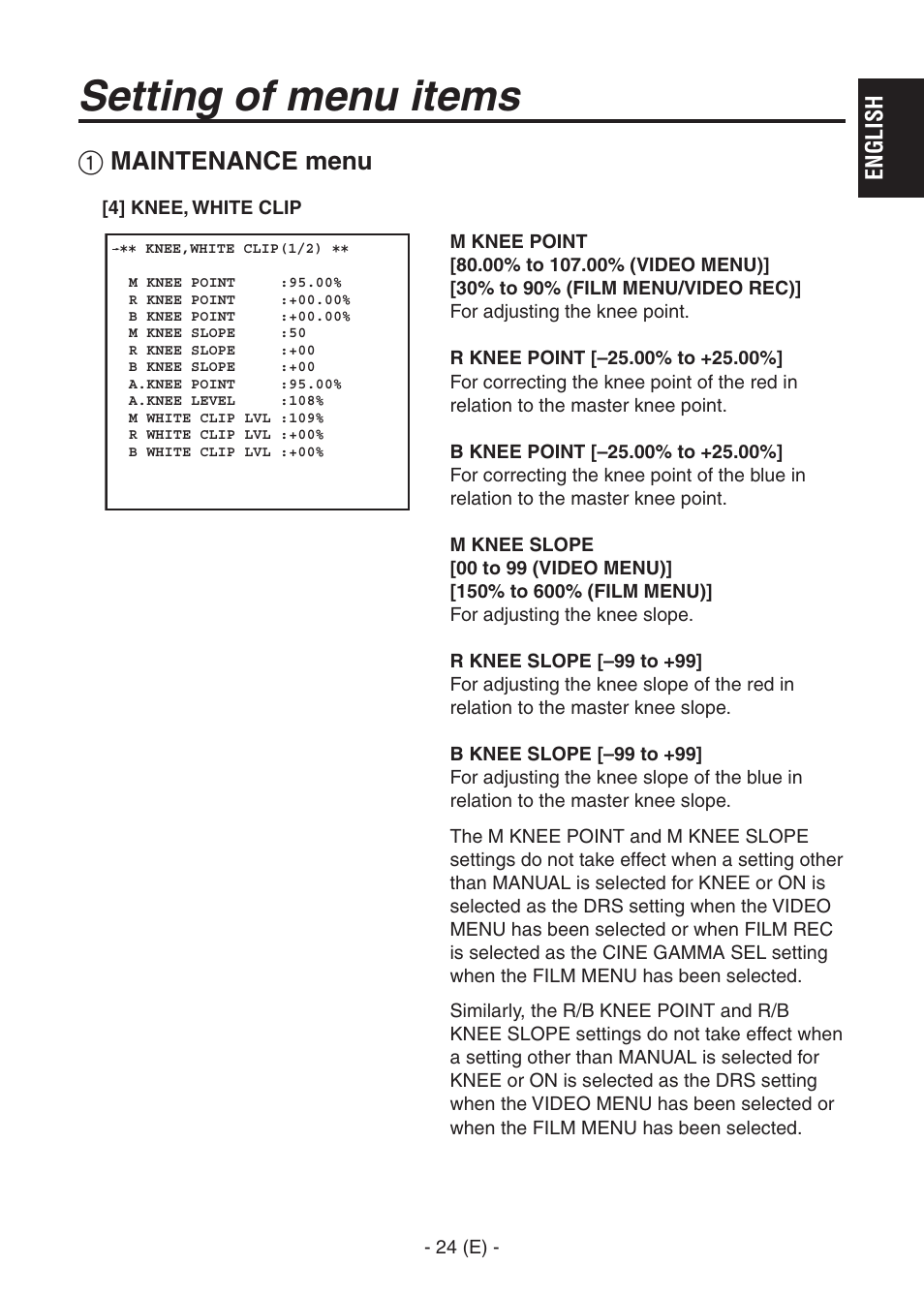 Ak-hc1500goperators manual 25.pdf, Setting of menu items, Maintenance menu | Panasonic AK-HC1500G User Manual | Page 25 / 52