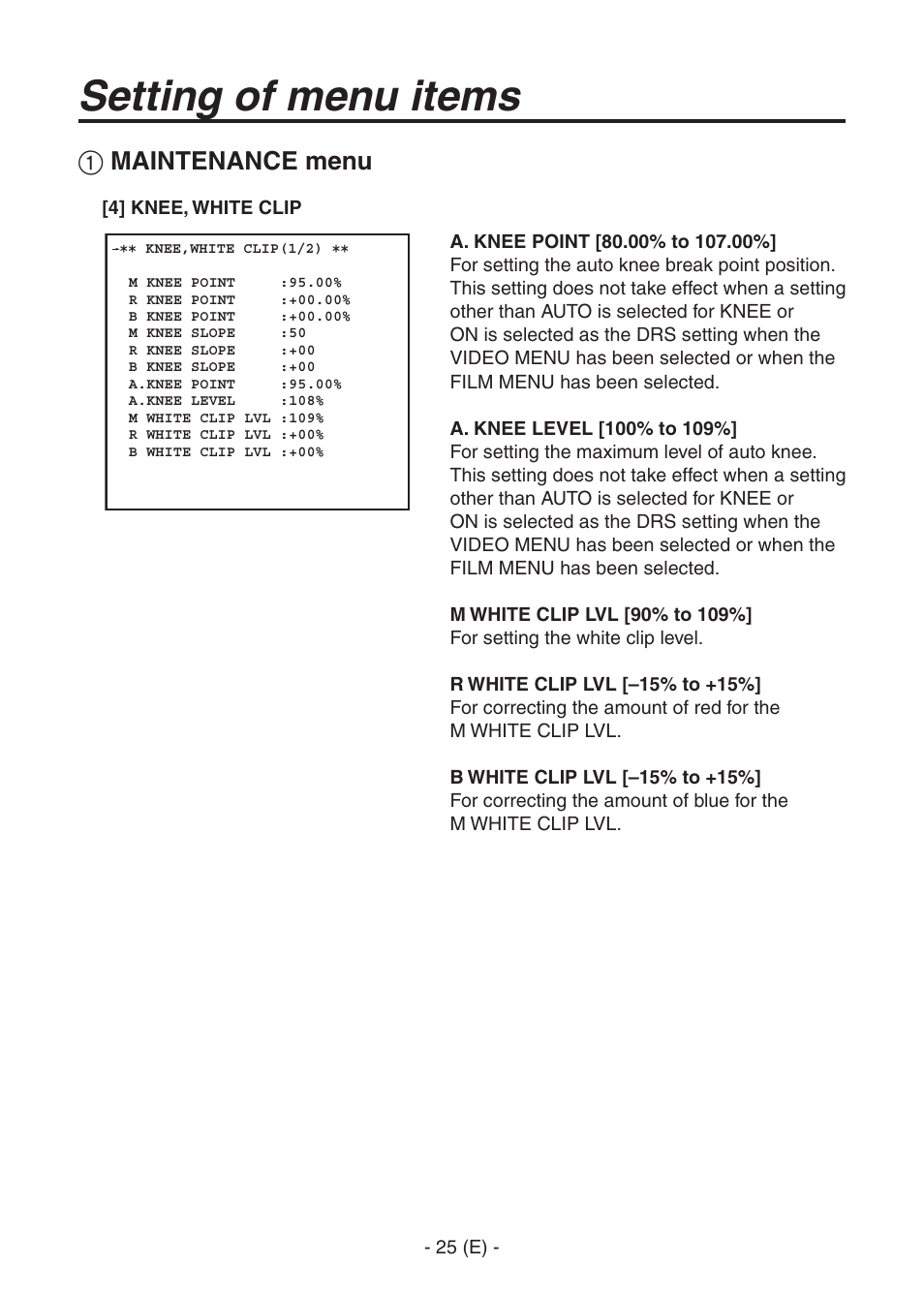 Ak-hc1500goperators manual 26.pdf, Setting of menu items, Maintenance menu | Panasonic AK-HC1500G User Manual | Page 26 / 52