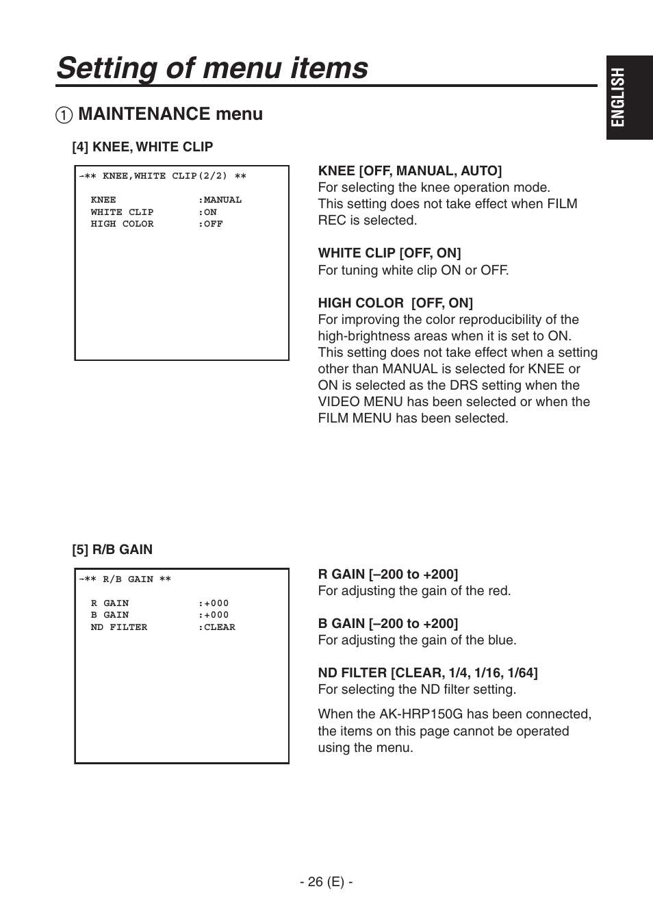 Ak-hc1500goperators manual 27.pdf, Setting of menu items, Maintenance menu | Panasonic AK-HC1500G User Manual | Page 27 / 52
