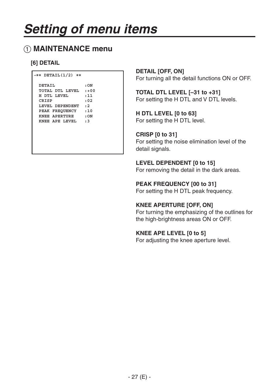 Ak-hc1500goperators manual 28.pdf, Setting of menu items, Maintenance menu | Panasonic AK-HC1500G User Manual | Page 28 / 52