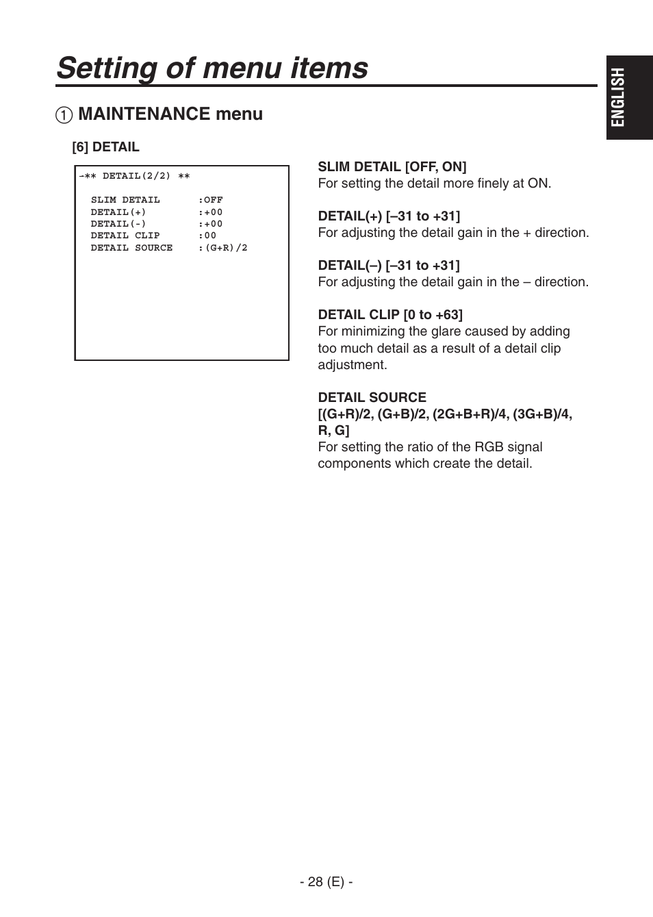 Ak-hc1500goperators manual 29.pdf, Setting of menu items, Maintenance menu | Panasonic AK-HC1500G User Manual | Page 29 / 52