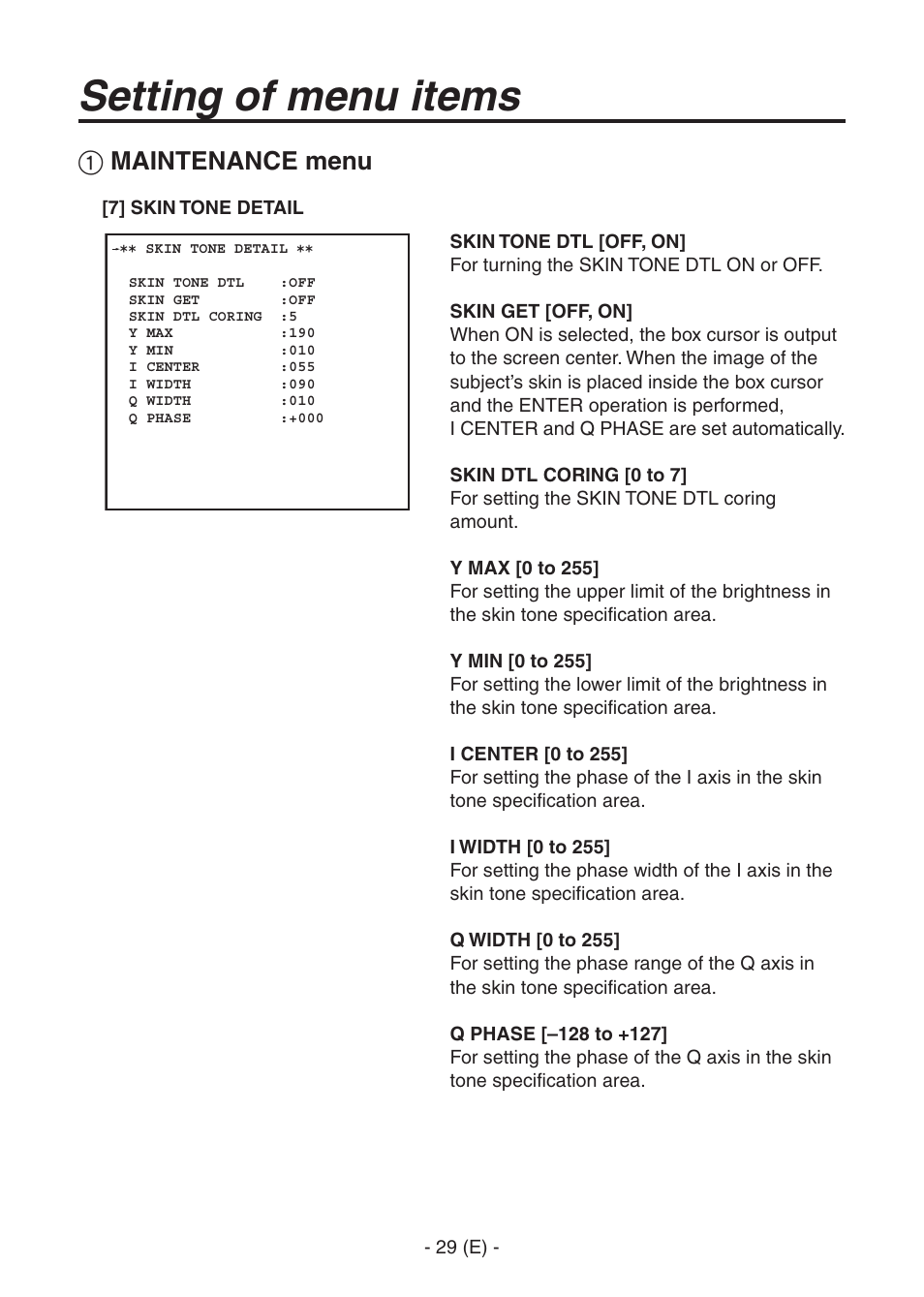 Ak-hc1500goperators manual 30.pdf, Setting of menu items, Maintenance menu | Panasonic AK-HC1500G User Manual | Page 30 / 52