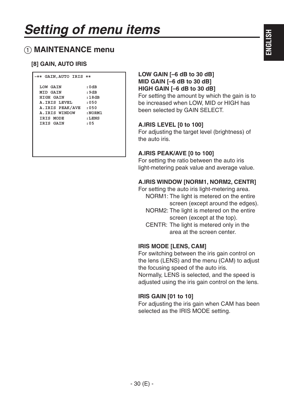 Ak-hc1500goperators manual 31.pdf, Setting of menu items, Maintenance menu | Panasonic AK-HC1500G User Manual | Page 31 / 52