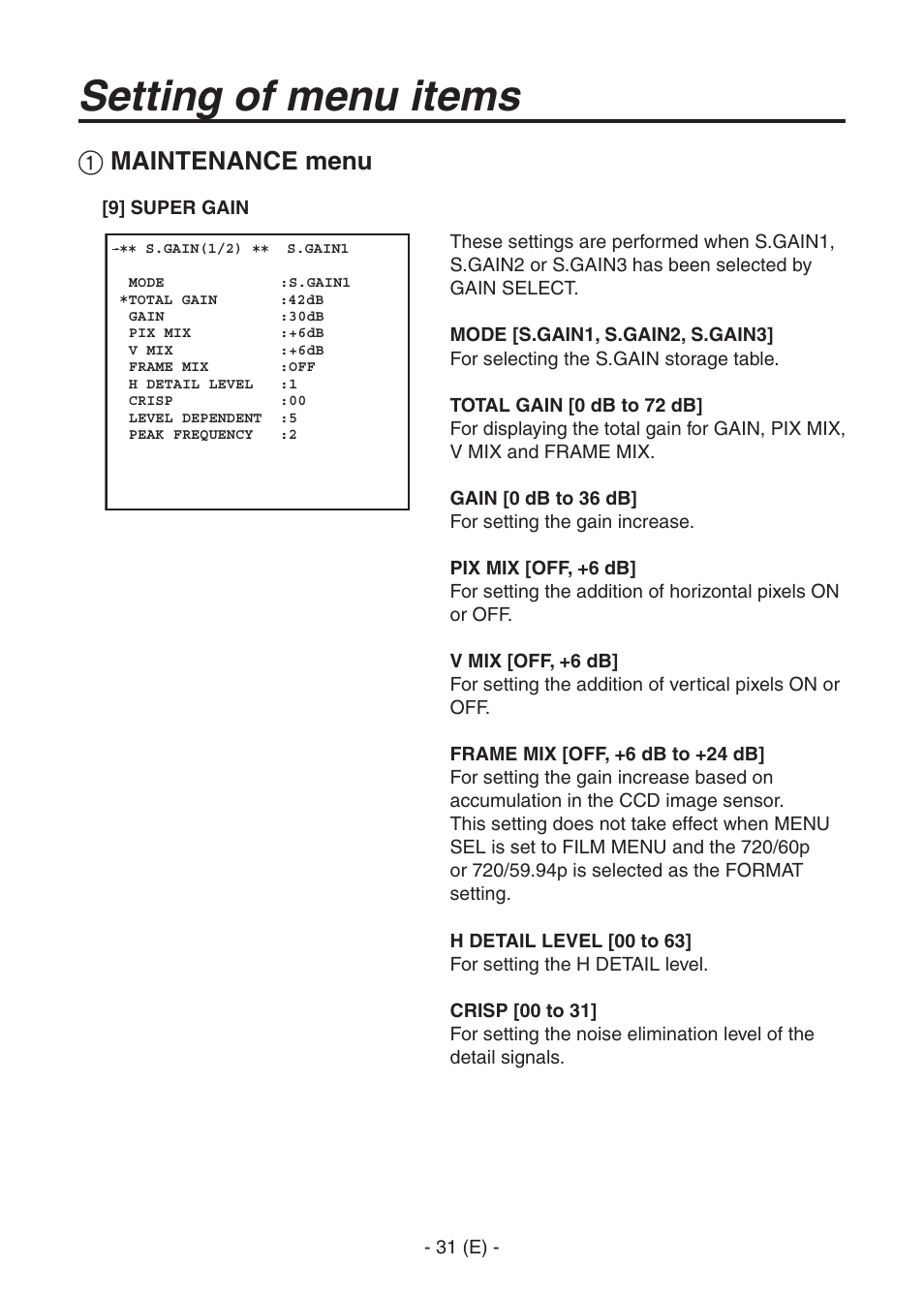 Ak-hc1500goperators manual 32.pdf, Setting of menu items, Maintenance menu | Panasonic AK-HC1500G User Manual | Page 32 / 52