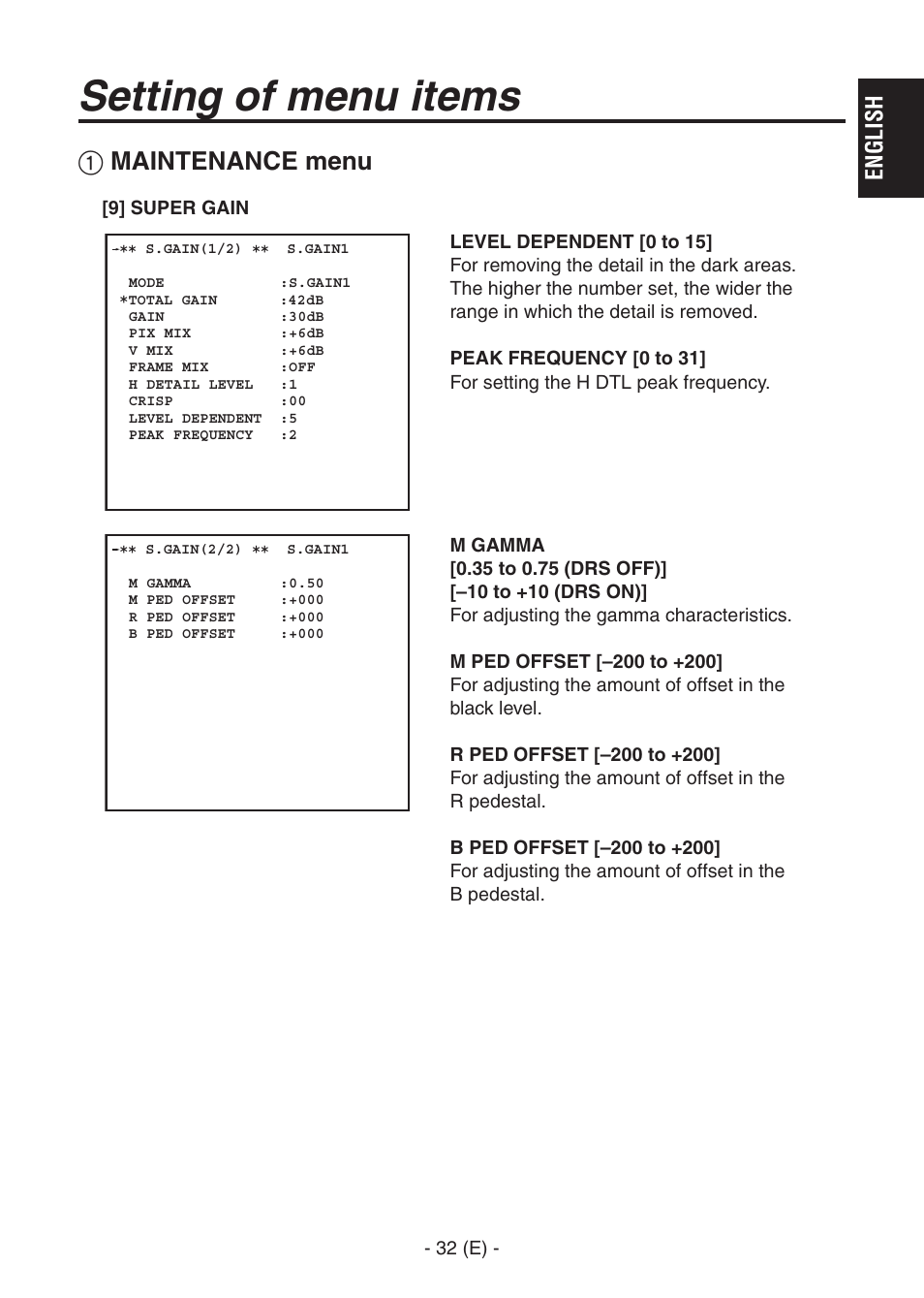 Ak-hc1500goperators manual 33.pdf, Setting of menu items, Maintenance menu | English | Panasonic AK-HC1500G User Manual | Page 33 / 52